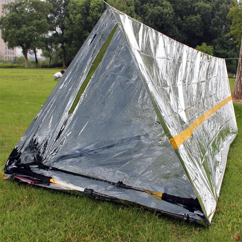 (image for) Camping Sun Protection Space Blanket Foldable EmergencyTent Survival Insulation Blanket Sleeping Bag, Lightweight Waterproof Hiking Camping Shelter For Outdoor Adventure